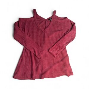 Burgundy Waffle Knit Top Cold Shoulder Fitted Casual Iris Size S